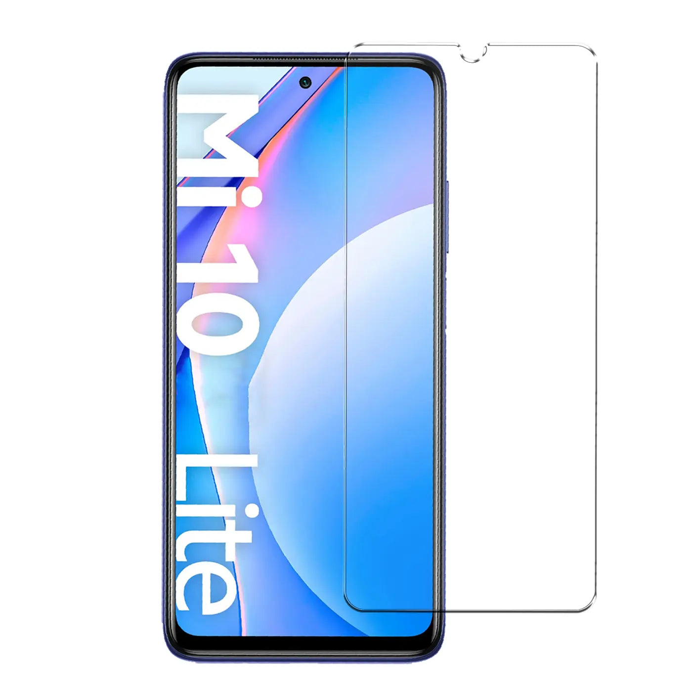 Xiaomi Mi 10 Lite, blaues Smartphone mit Display-Hintergrundbild, daneben ein transparentes Panzerglas von vorne.
