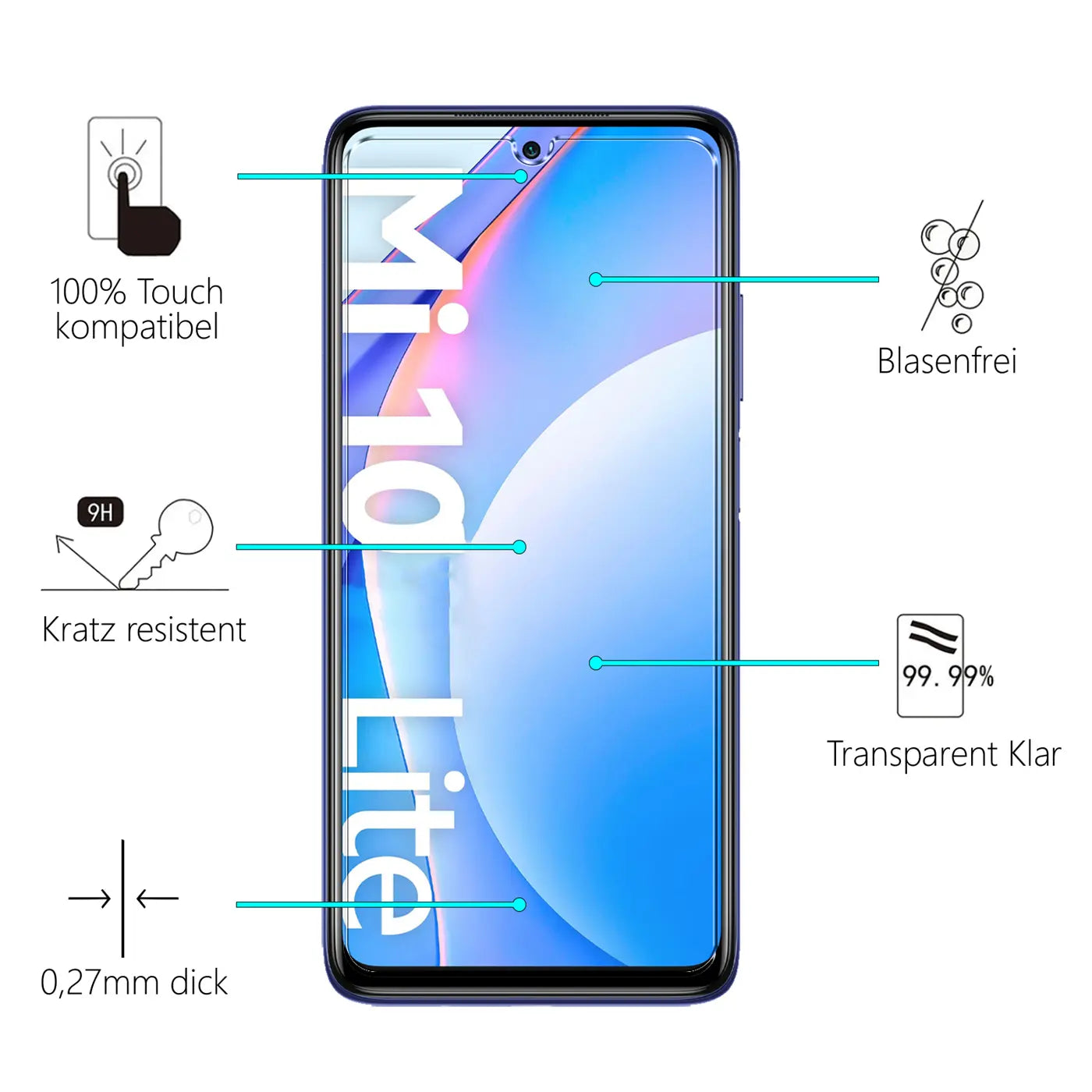 Vorderansicht eines schwarzen Xiaomi Mi 10 Lite mit Panzerglas-Displayschutz und Eigenschafts-Icons auf weißem Hintergrund.