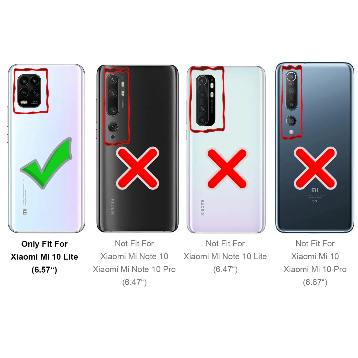 Vier Xiaomi-Smartphones von hinten, hellblau, schwarz, weiß, dunkelblau, mit grüner Haken- und roten X-Symbolen.