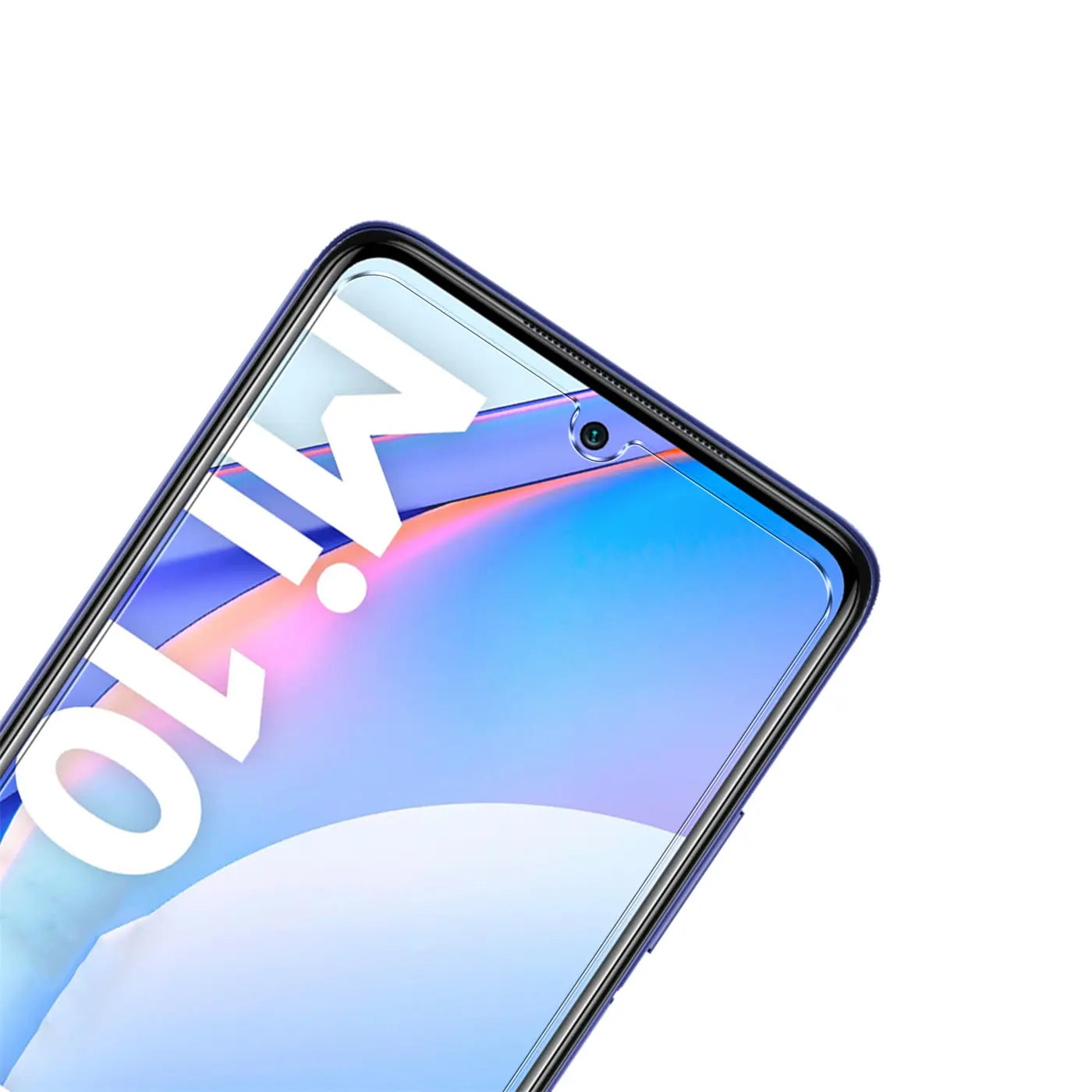 Nahaufnahme des oberen Bereichs eines Xiaomi Mi 10 Lite mit Panzerglas-Displayschutz, schräg von oben.