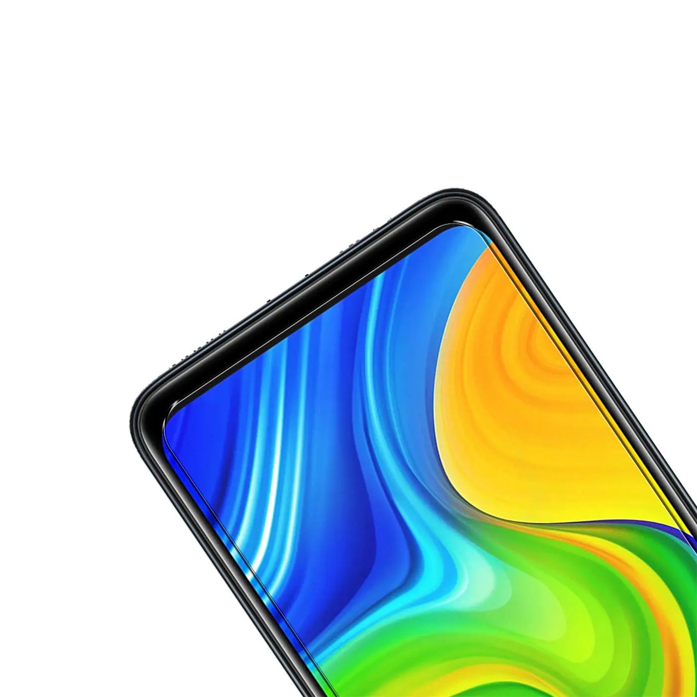 Nahaufnahme eines Xiaomi Mi 10T/Pro Displays mit Panzerglas. Schwarzer Rahmen, bunte Wellen als Hintergrund.
