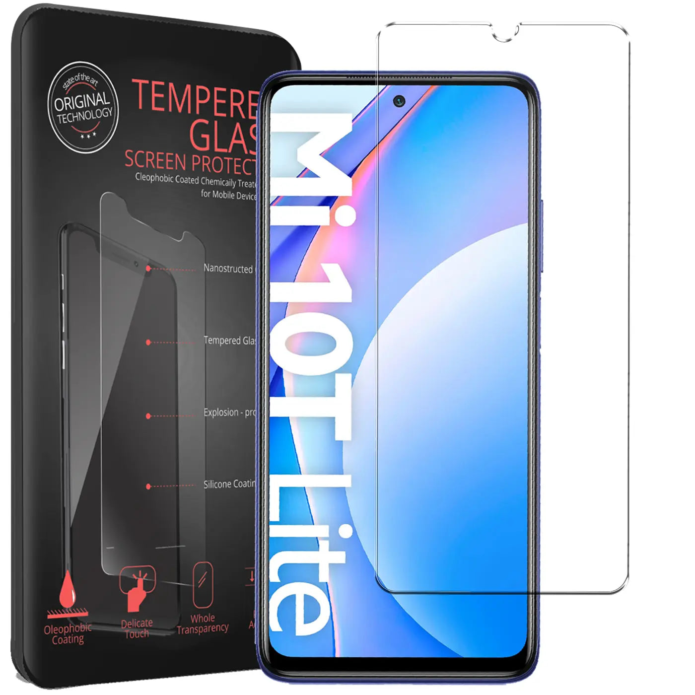 Schwarze Verpackung, Xiaomi Mi 10T Lite Smartphone mit Panzerglas und ein weiteres Panzerglas, von vorne.