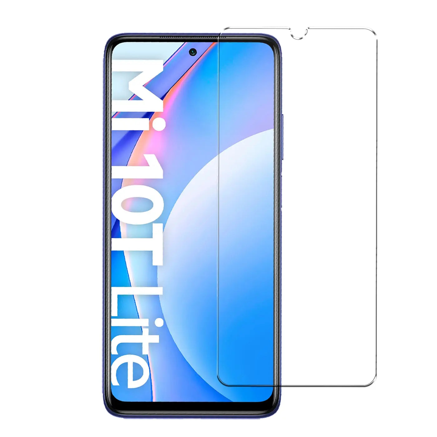 Klares Panzerglas für Xiaomi Mi 10T Lite, von vorne rechts auf ein blaues Smartphone gelegt.