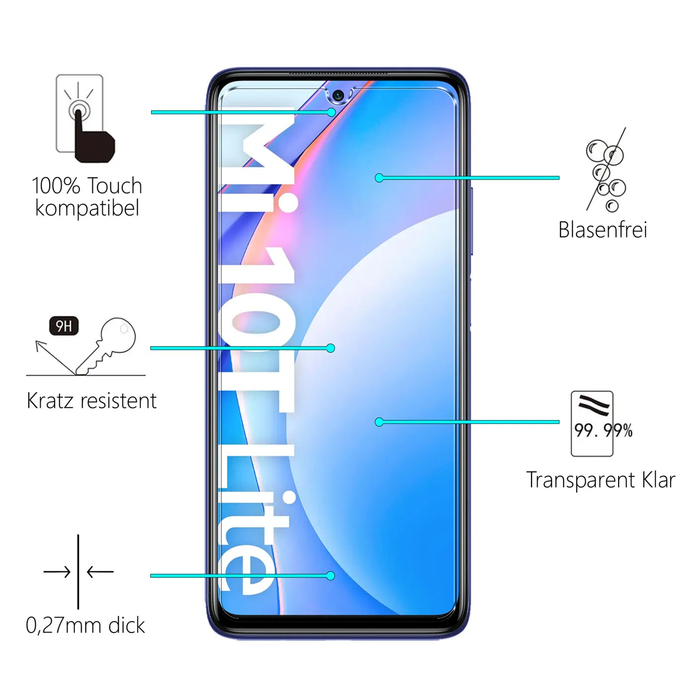 Xiaomi Mi 10T Lite Smartphone, frontal, mit transparentem Panzerglas-Displayschutz und Eigenschaften wie 9H Härte.