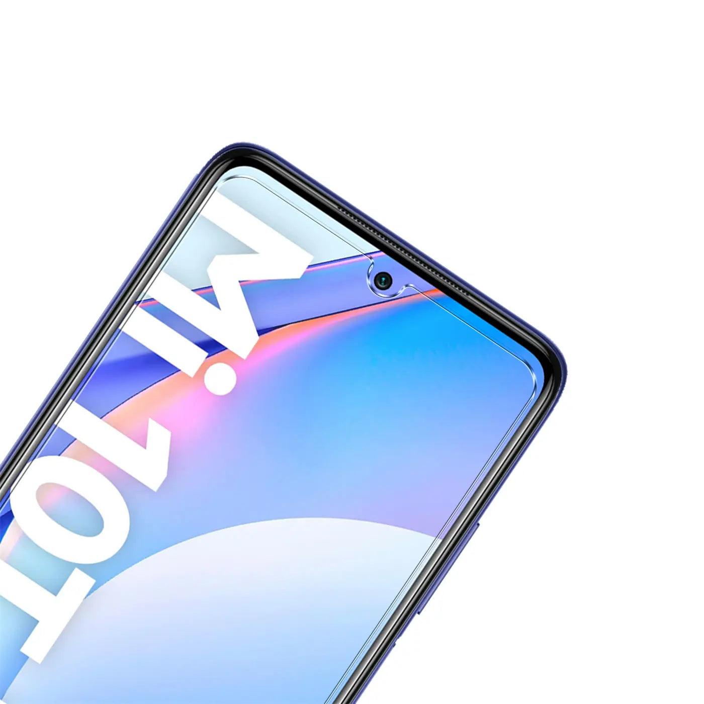 Oberer Teil eines Xiaomi Mi 10T Lite Smartphones mit Panzerglas Displayschutz, schräg von oben.