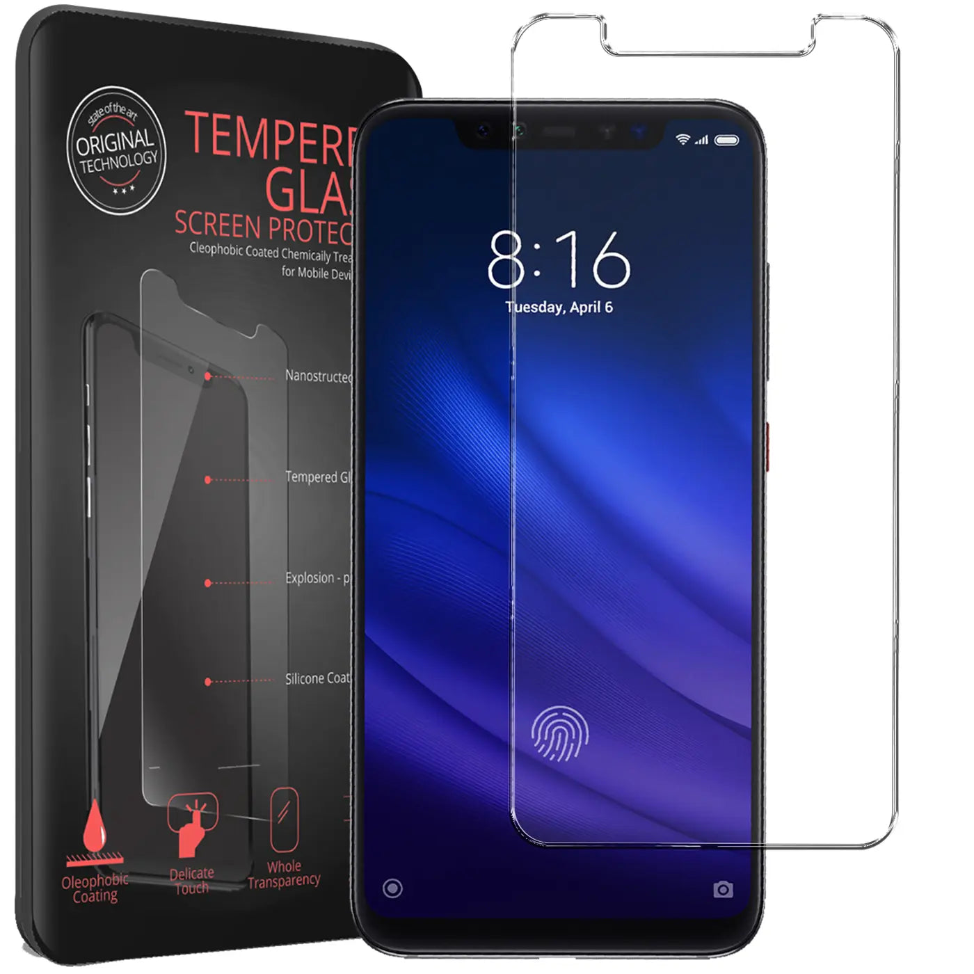 Schwarzes Xiaomi Mi 8 Pro Handy mit blauem Display, daneben eine transparente Panzerglas-Folie und eine schwarze Verpackung.