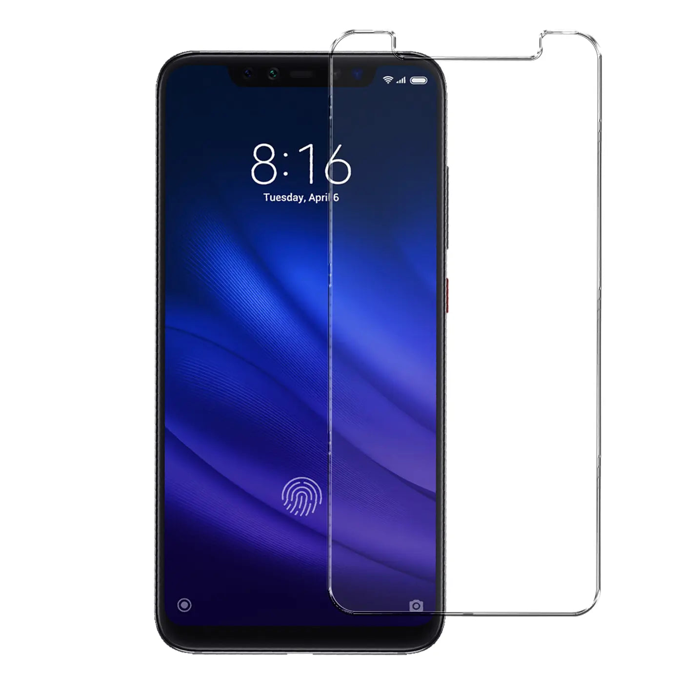 Xiaomi Mi 8 Pro Handy mit transparentem Panzerglas-Displayschutz, von vorne, leicht nach rechts gedreht.
