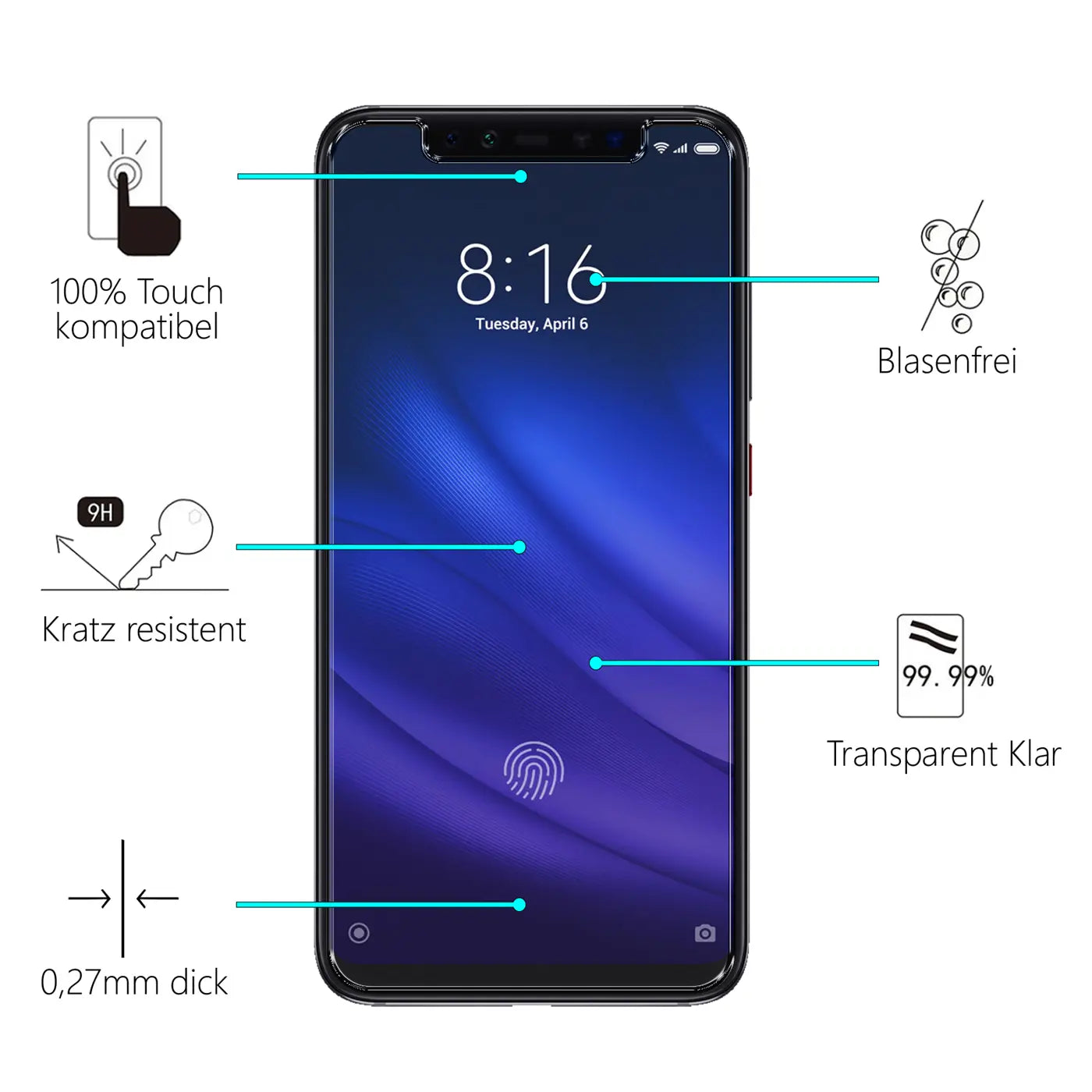 Xiaomi Mi 8 Pro Handy mit Displayfolie, Frontansicht. Schwarzes Glas, transparente Folie. Eigenschaften mit Icons.