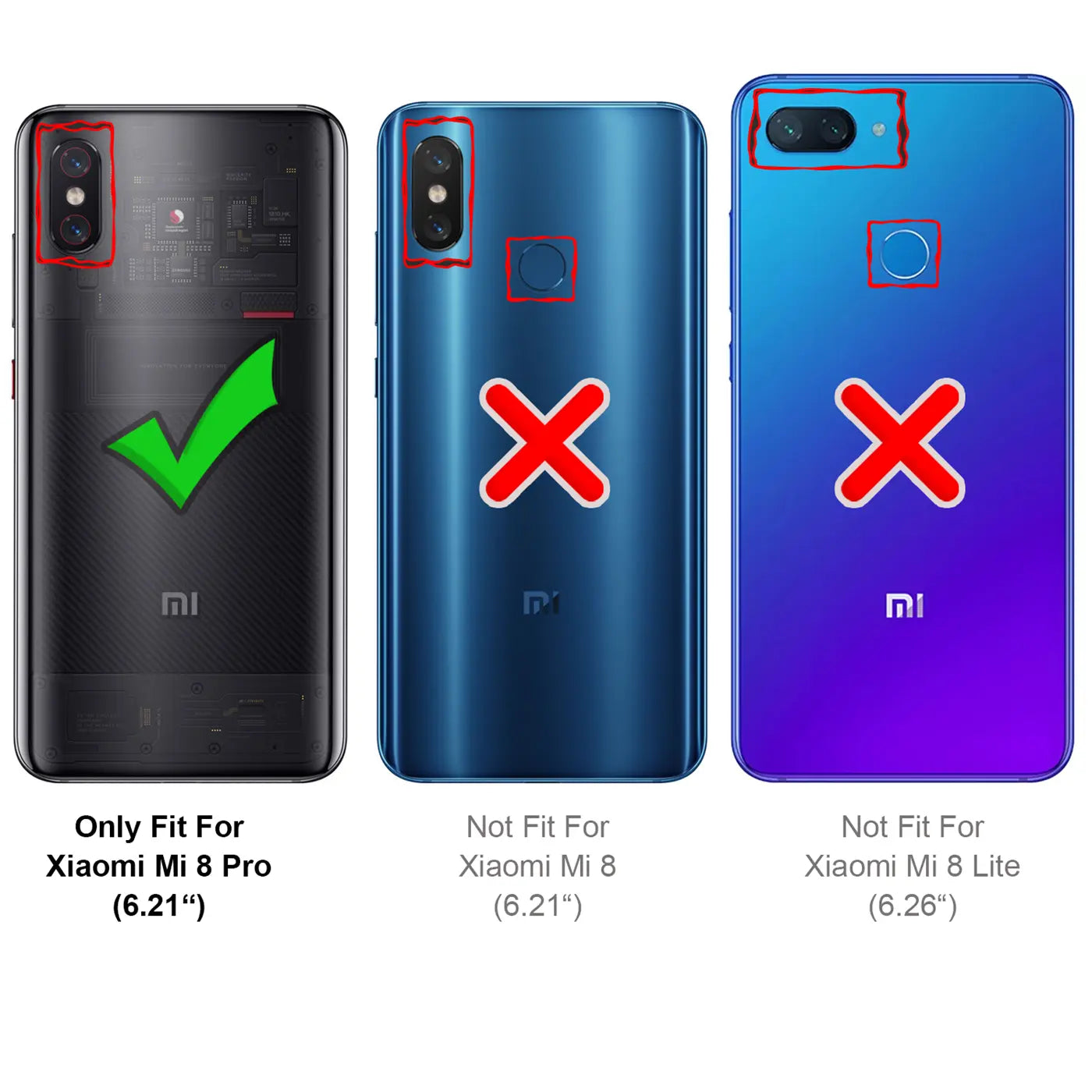 Drei Xiaomi Smartphones von hinten, schwarz, blau, lila. Rote Markierungen zeigen Kamera und Fingerabdrucksensor.