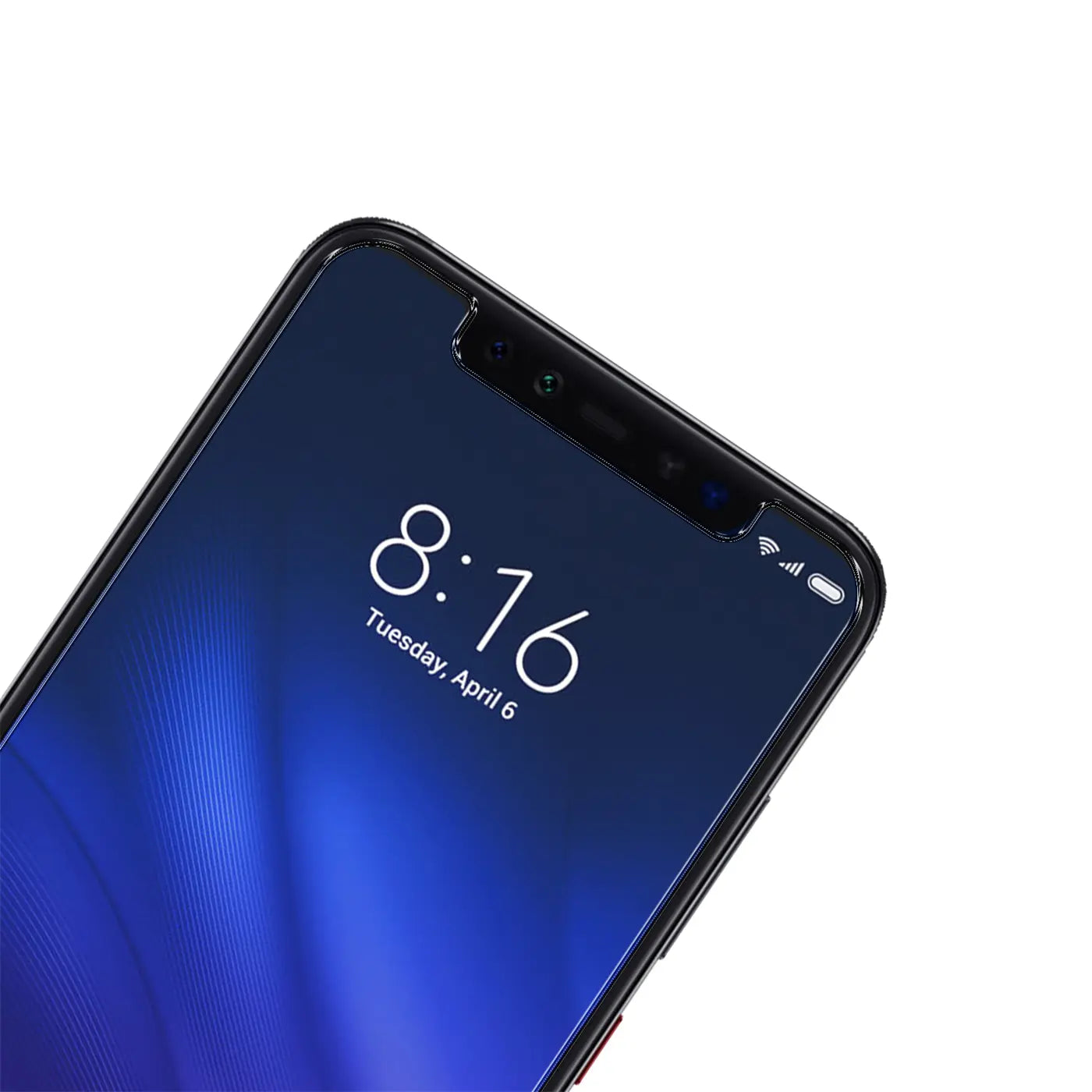 Xiaomi Mi 8 Pro Smartphone mit schwarzem Panzerglas-Displayschutz, schräg von oben rechts, Display zeigt Uhrzeit 8:16.
