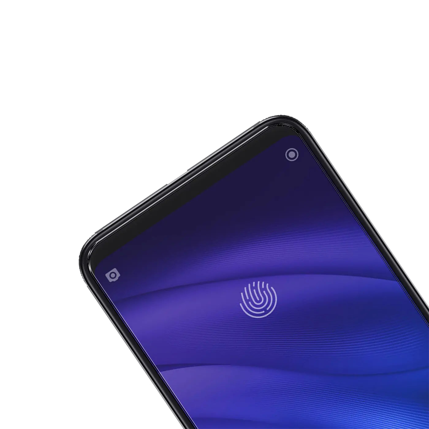 Xiaomi Mi 8 Pro mit Panzerglas-Displayschutz, schräg von oben, mit blauem Bildschirm und Fingerabdrucksymbol.