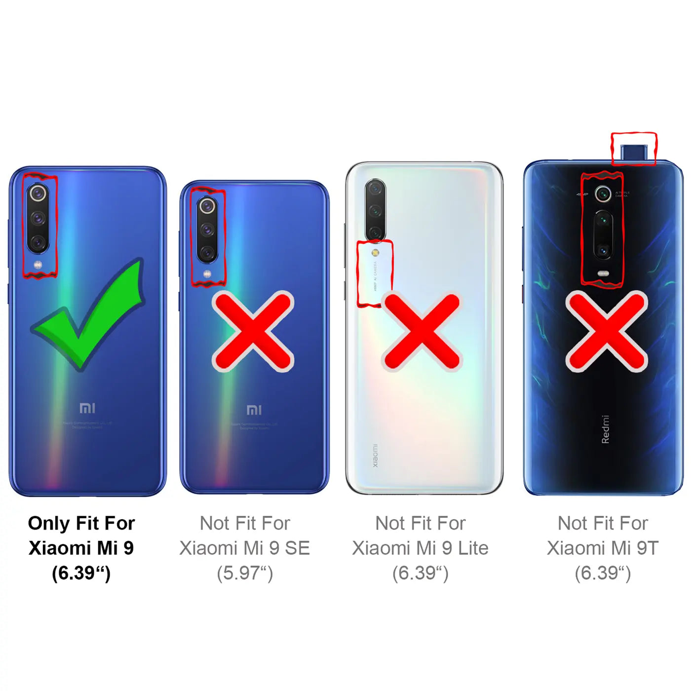 Rückansichten von 4 Xiaomi-Smartphones: Mi 9 (blau, Haken), Mi 9 SE (blau, X), Mi 9 Lite (weiß, X), Mi 9T (blau, X).