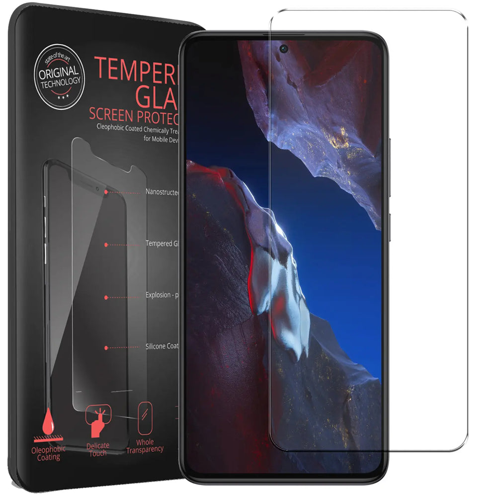 Schwarze Verpackung, Xiaomi Poco F5 5G mit Display und ein transparentes Panzerglas von vorne, leicht schräg.