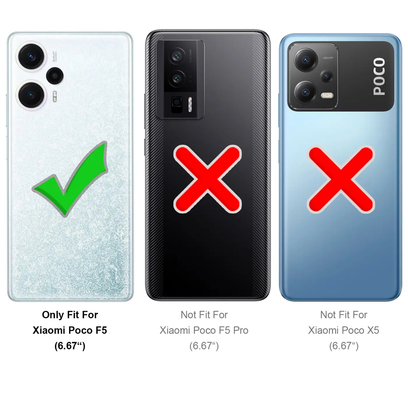 Drei Smartphone-Rückseiten: links weißes Xiaomi Poco F5 mit grünem Haken, mittig schwarzes Poco F5 Pro mit rotem X, rechts.