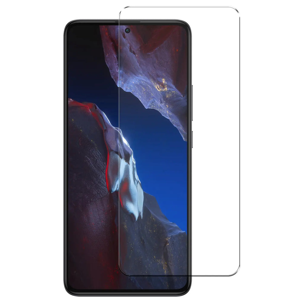 Schwarzes Xiaomi Poco F5 Pro 5G Smartphone, frontal, mit halb aufliegendem, transparentem Panzerglas-Displayschutz.