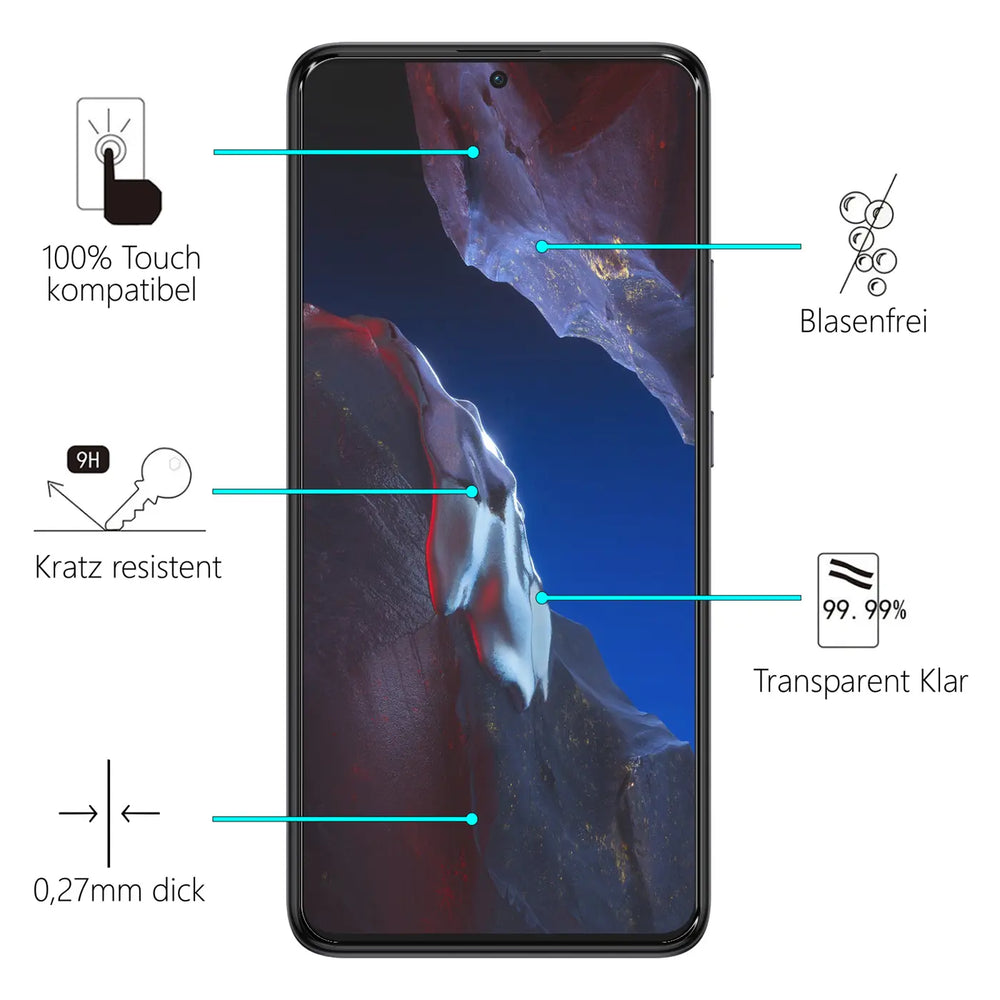 Schwarzes Xiaomi Poco F5 Pro 5G Handy frontal, mit Panzerglas-Displayschutz und Infografiken zu Eigenschaften wie 9H Härte.