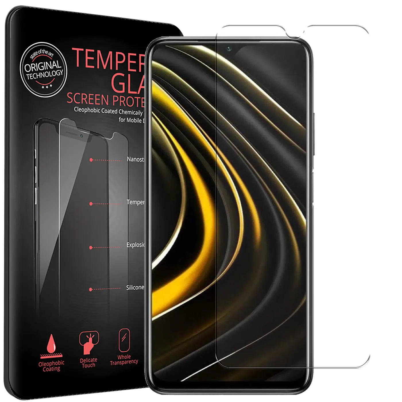 Schwarzes Xiaomi Poco M3 mit Panzerglas-Displayschutzfolie (Glas, transparent) und schwarzer Verpackung, schräg von vorne.