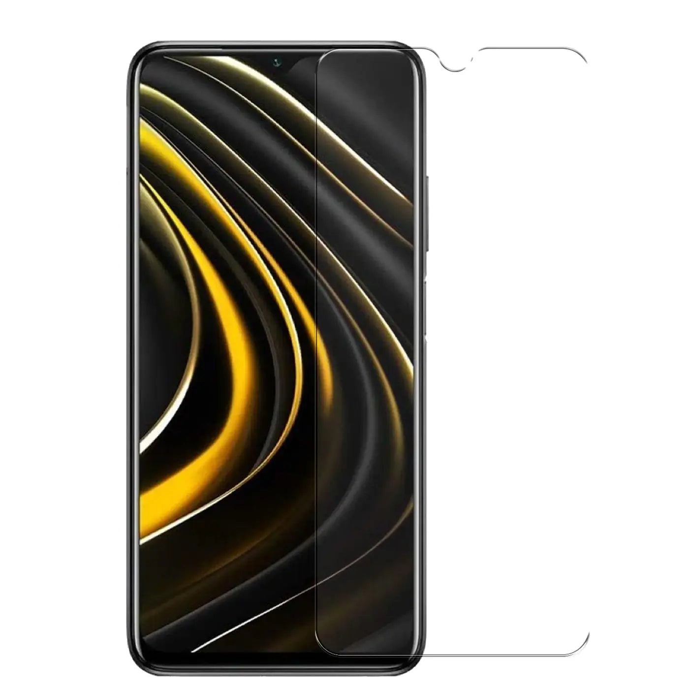 Xiaomi Poco M3 Handy mit transparentem Panzerglas-Displayschutz von vorne, leicht schräg, auf weißem Hintergrund.