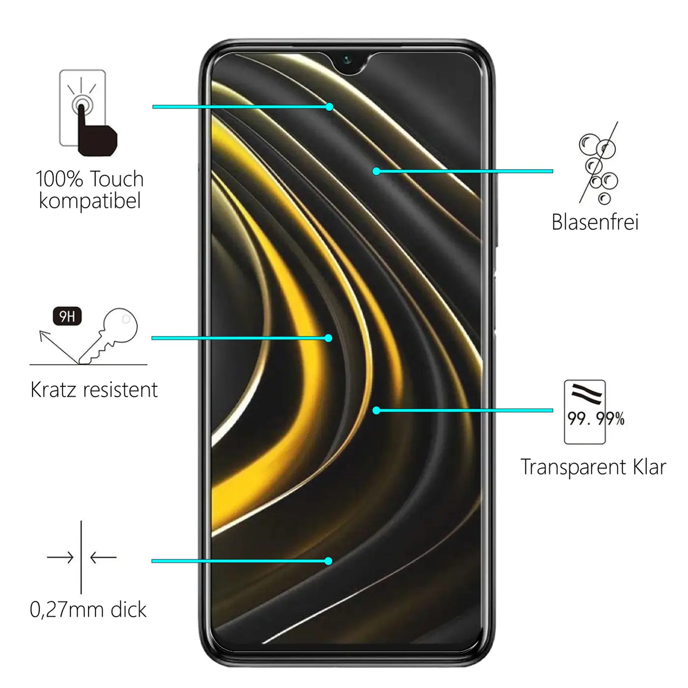 Schwarzes Xiaomi Poco M3 Smartphone mit transparentem Panzerglas-Displayschutz, von vorne, mit Produktmerkmalen.