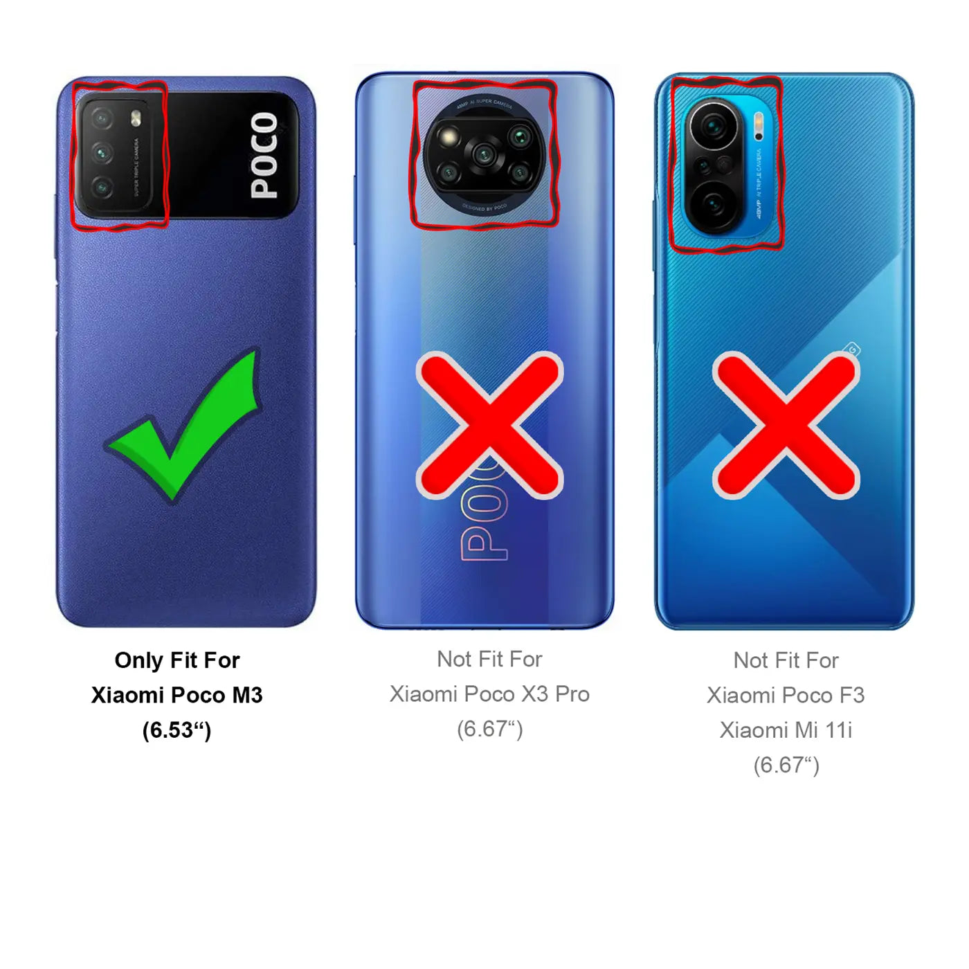 Drei Smartphone-Rückseiten, vertikal ausgerichtet. Links: blaues Xiaomi Poco M3 mit grünem Haken. Mitte/Rechts: andere.