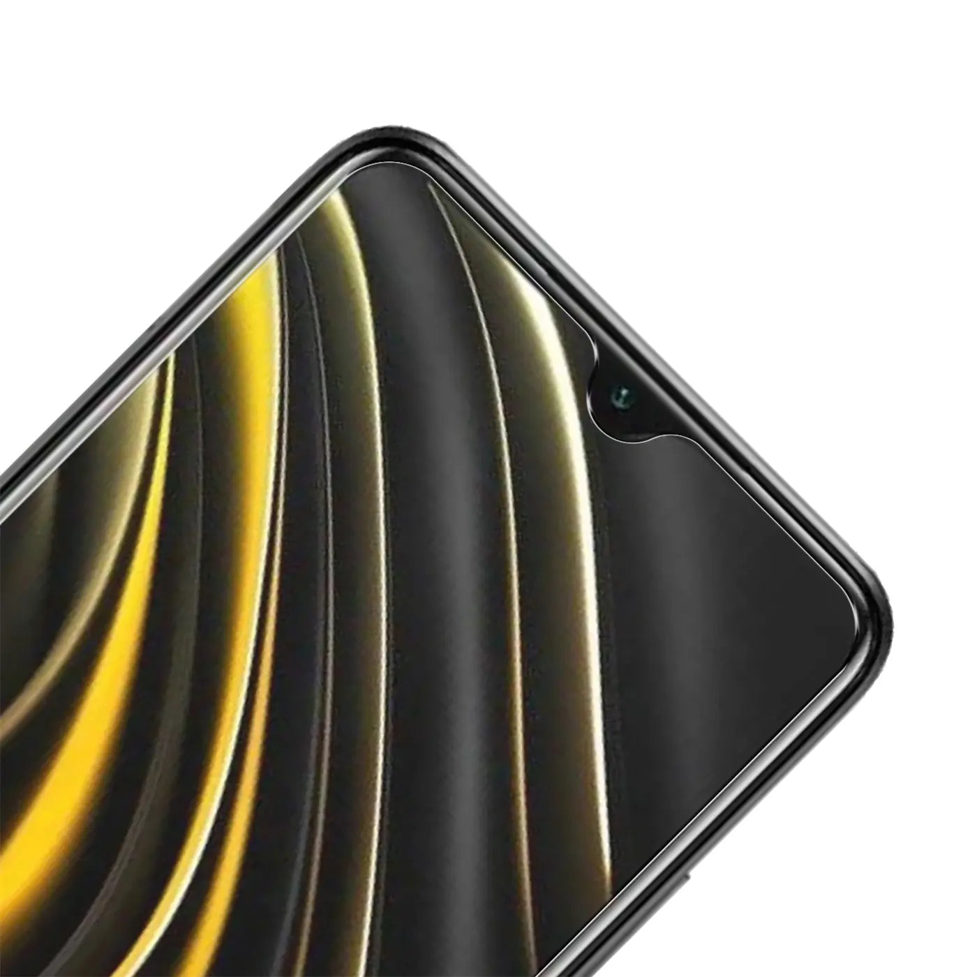 Nahaufnahme des oberen Bereichs eines Xiaomi Poco M3 Smartphones mit schwarzem Rahmen und installiertem transparenten.