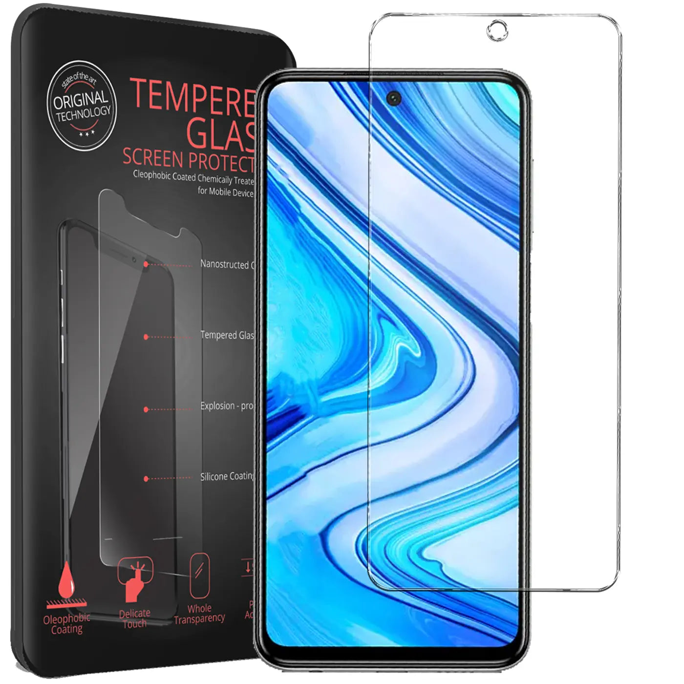 Schwarze Verpackung mit Text und zwei transparenten Panzerglas-Displayschutzfolien für ein Xiaomi Poco X3, frontal.