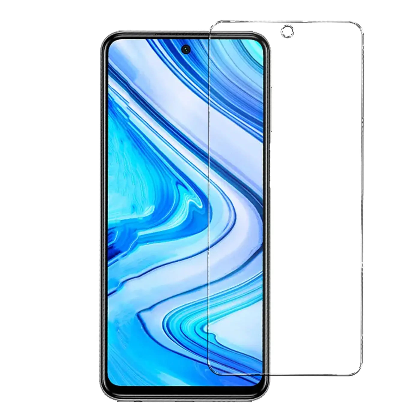 Transparentes Panzerglas für Xiaomi Poco X3, schräg neben dem Display des Smartphones liegend, von vorne.