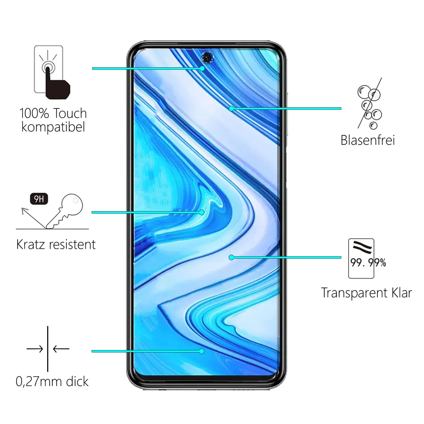 Schwarzes Xiaomi Poco X3 Smartphone frontal mit blauem Display, umgeben von Icons und Texten zu Displayschutz-Eigenschaften.