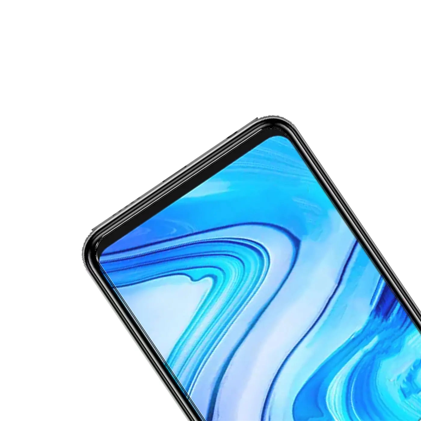 Oberer rechter Teil eines Xiaomi Poco X3 mit schwarzem Rahmen und blauem Display, schräg von oben.