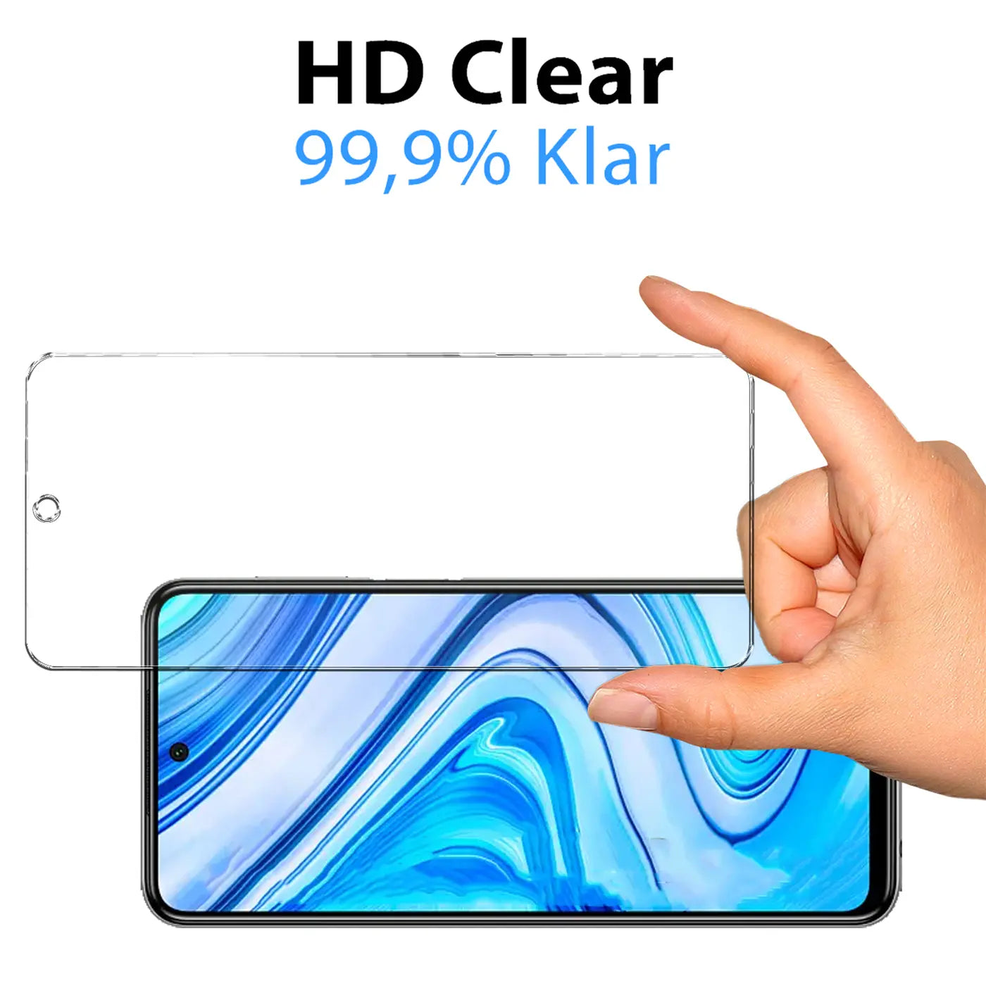 Hand hält transparentes Panzerglas über einem Xiaomi Poco X3 Smartphone. Oben: "HD Clear 99,9% Klar".