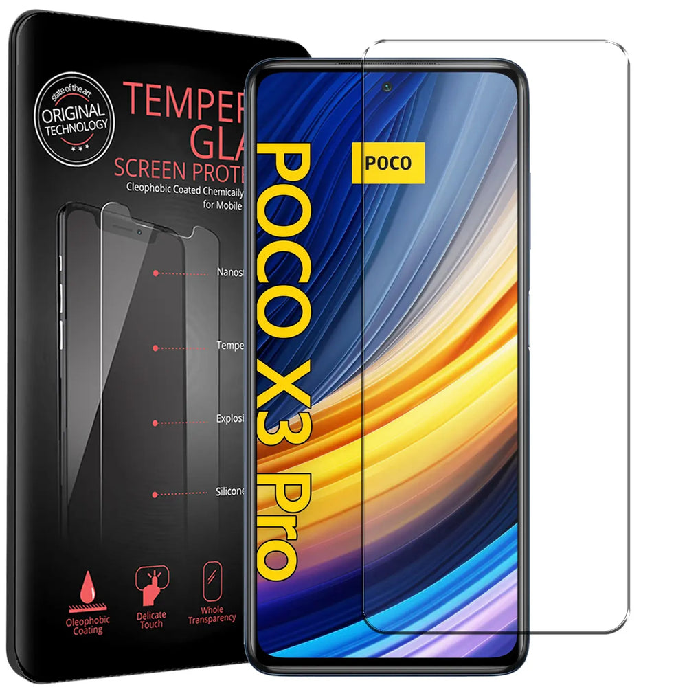 Schwarze Verpackung mit "TEMPERED GLASS SCREEN PROTECTOR" und Xiaomi Poco X3 Pro Smartphone mit Panzerglas.