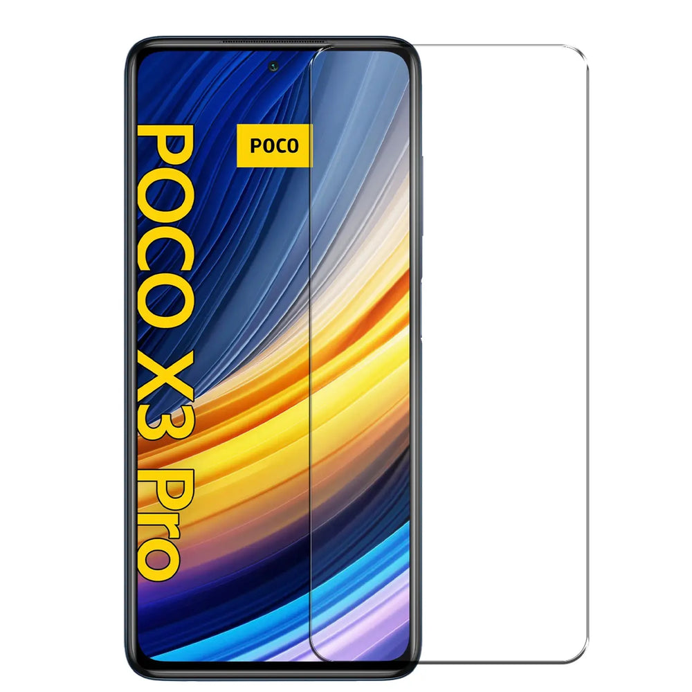 Schwarzes Xiaomi Poco X3 Pro Smartphone mit farbigem Display, daneben ein klares Panzerglas Displayschutz. Frontalansicht.