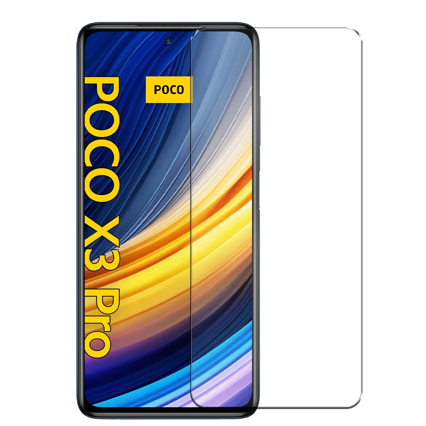 Schwarzes Xiaomi Poco X3 Pro Smartphone mit farbigem Display, daneben ein klares Panzerglas Displayschutz. Frontalansicht.