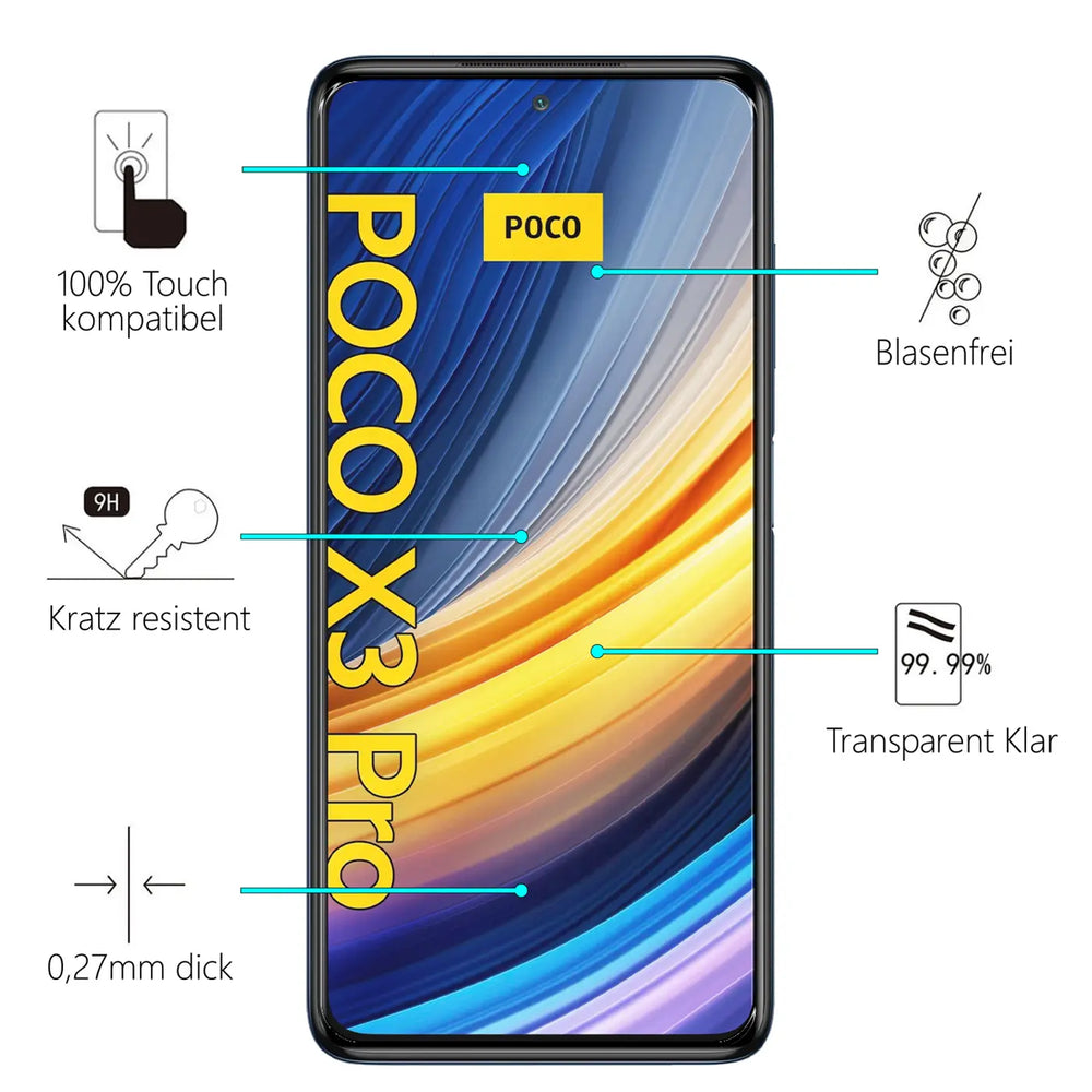 Schwarzes Xiaomi Poco X3 Pro Smartphone frontal mit farbigem Display und Produktmerkmalen wie "Kratz resistent" und.