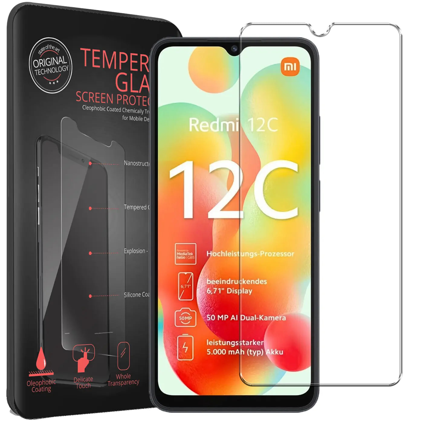 Schwarze Verpackung für Panzerglas, ein Xiaomi Redmi 12C Handy mit Display und ein separates Panzerglas.