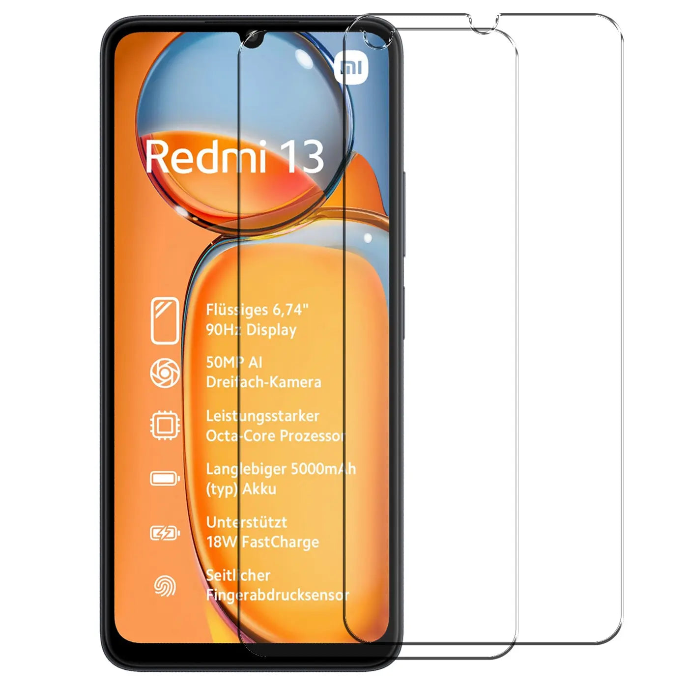 Zwei transparente Panzerglas-Displayschutzfolien für das Xiaomi Redmi 13, schräg von vorne rechts auf weißem Grund.