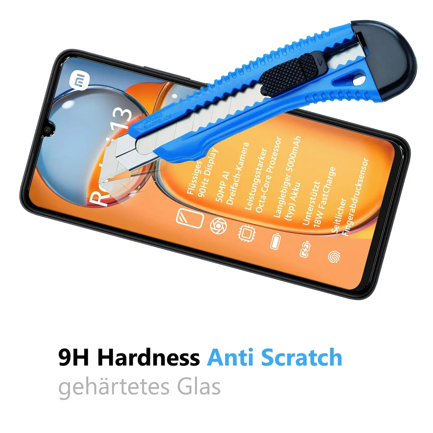 Blau-schwarzes Cuttermesser auf dem Display eines schwarzen Xiaomi Redmi 13 Handys, von oben links nach unten rechts.