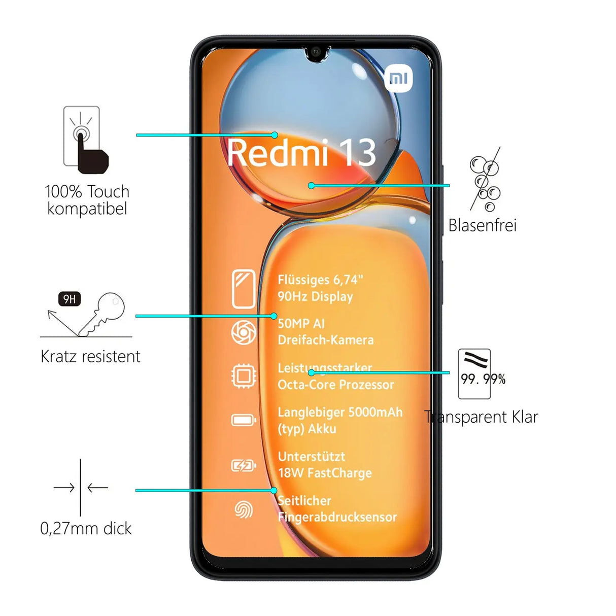 Kratzfeste und bruchsichere 9H Panzerfolie für Xiaomi Redmi 13