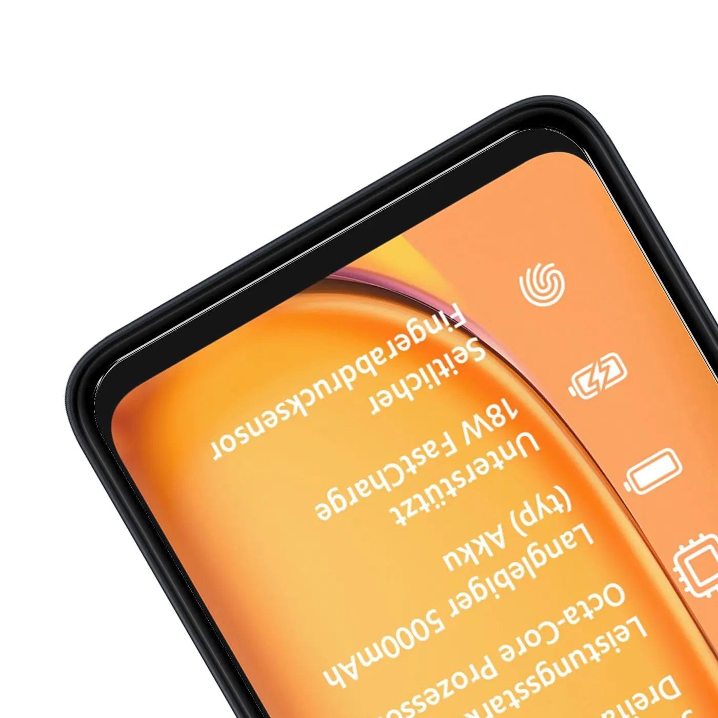 Nahaufnahme eines Xiaomi Redmi 13 Displays mit schwarzem Rahmen, schräg von oben, zeigt Panzerglas-Schutz.