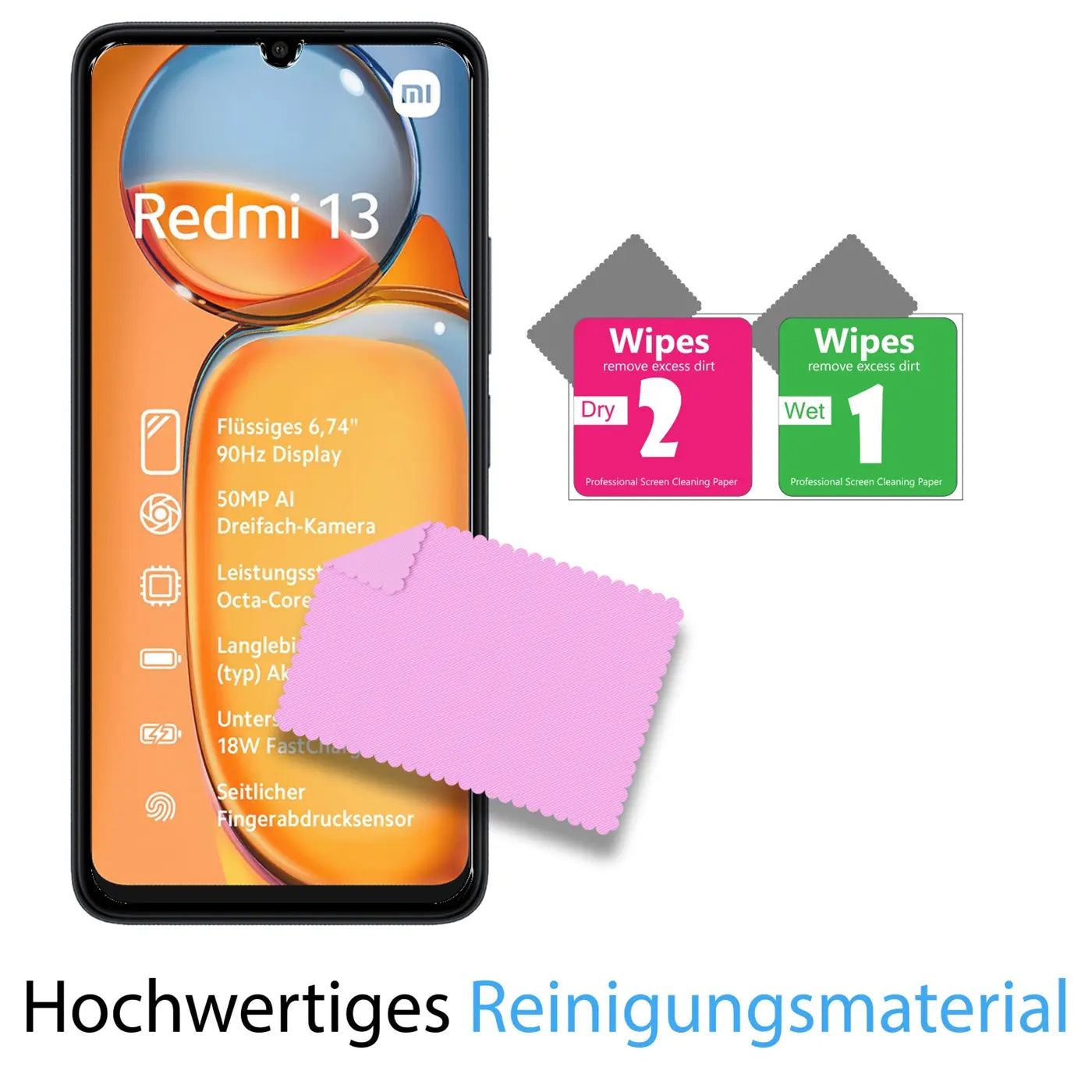 Schwarzes Xiaomi Redmi 13 Smartphone mit Display-Infos, rosa Mikrofasertuch und zwei Reinigungstüchern (Wet/Dry).