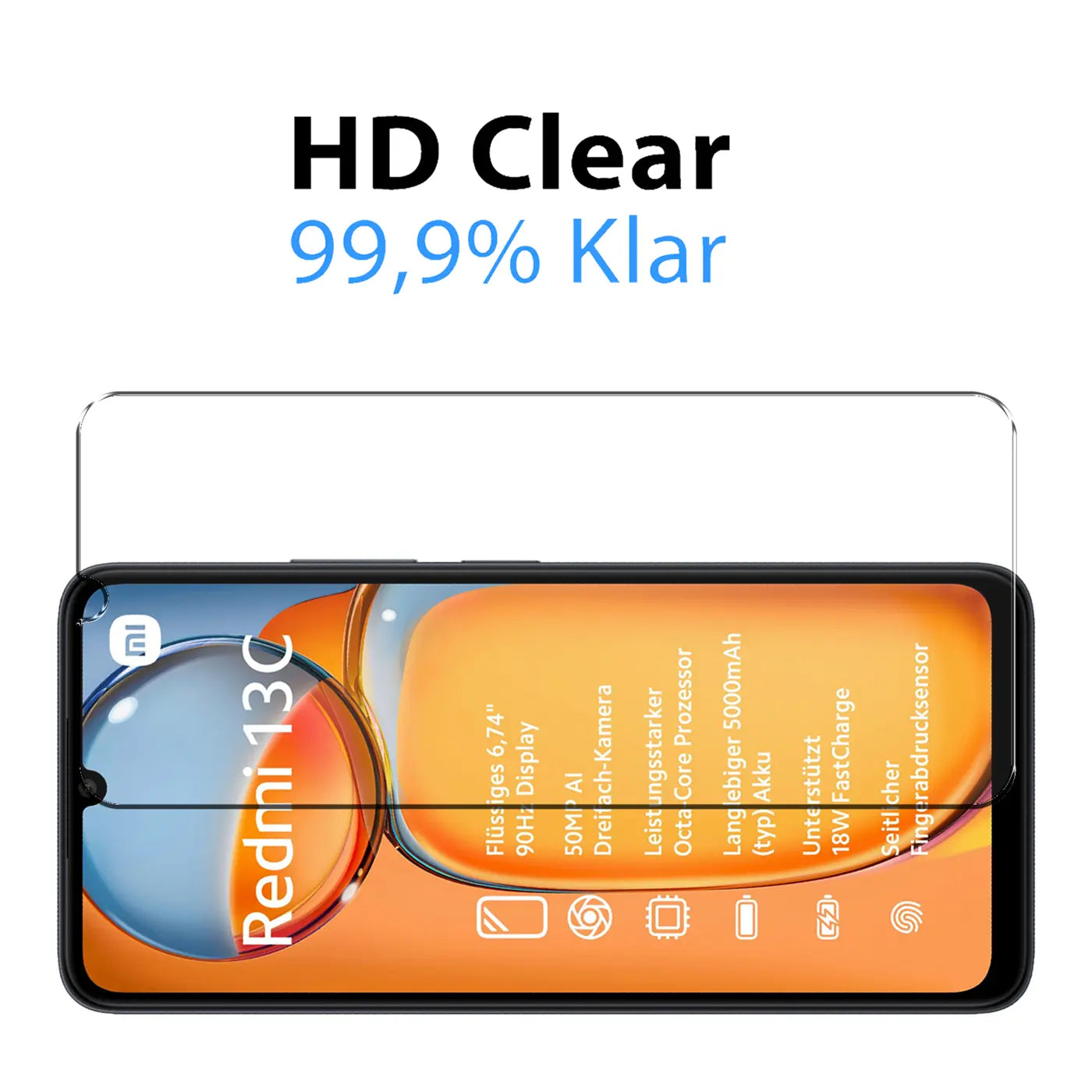 Klares Panzerglas auf schwarzem Xiaomi Redmi 13C Smartphone, Vorderansicht. Oben Text "HD Clear 99,9% Klar".