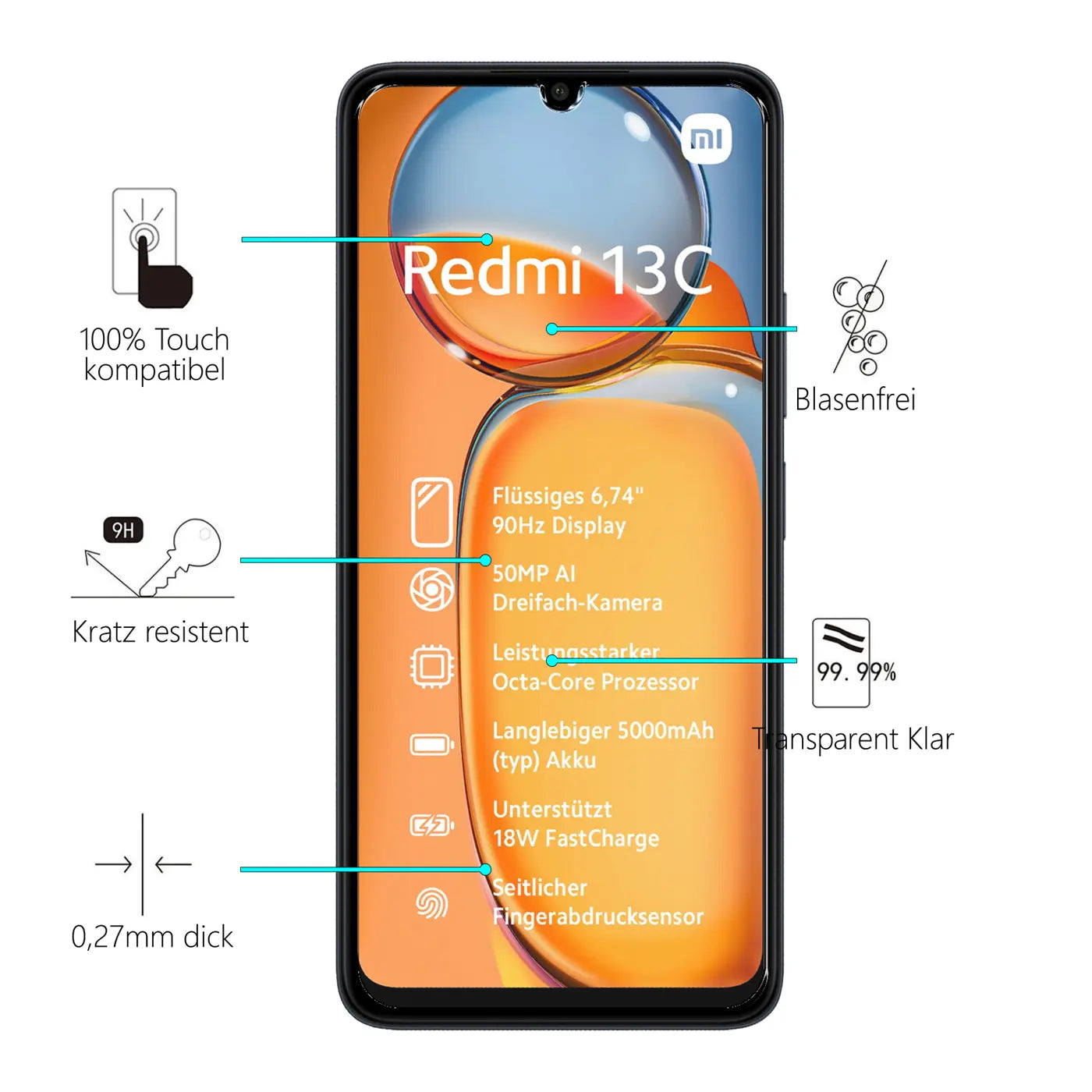 Schwarzes Xiaomi Redmi 13C Smartphone, frontal, mit orangefarbenem Display und Produktmerkmalen wie "Kratz resistent" und.