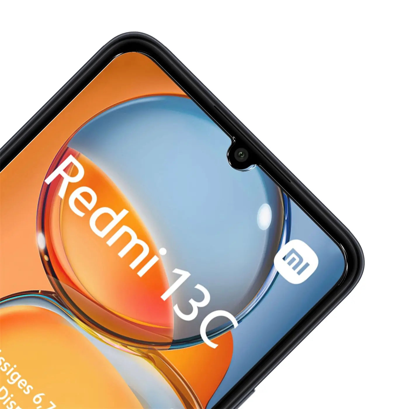 Nahaufnahme des oberen Teils eines Xiaomi Redmi 13C Smartphones mit schwarzem Rahmen, Display mit "Redmi 13C" Schriftzug.