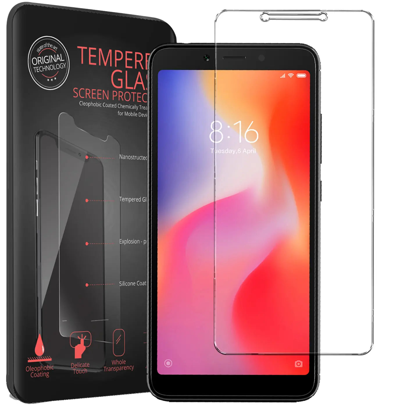 Schwarzes Xiaomi Redmi 6A mit Displayschutzfolie, daneben eine transparente Panzerglasfolie und schwarze Verpackung.