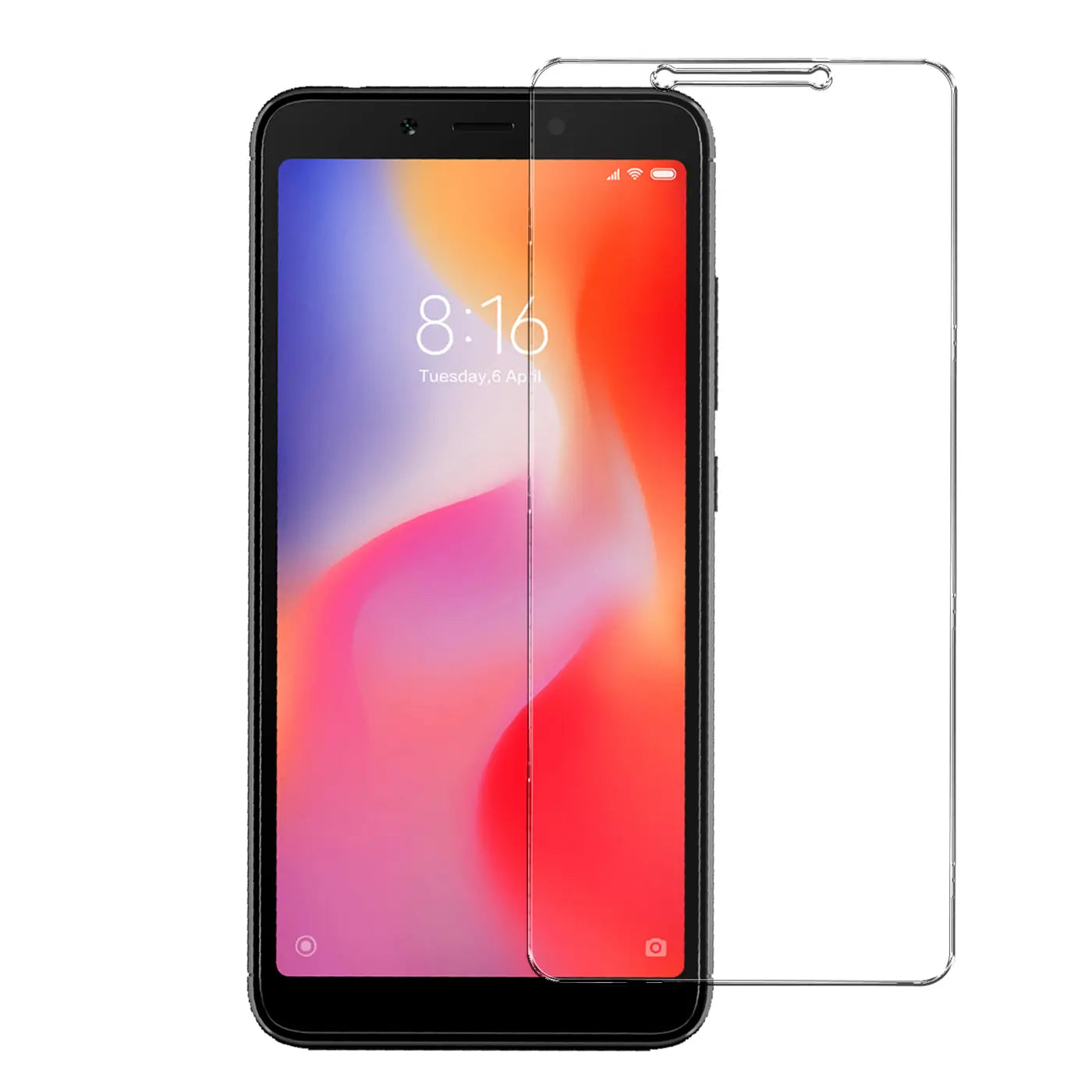 Schwarzes Xiaomi Redmi 6A Smartphone mit halb aufliegendem, transparentem Panzerglas Displayschutz, frontal.