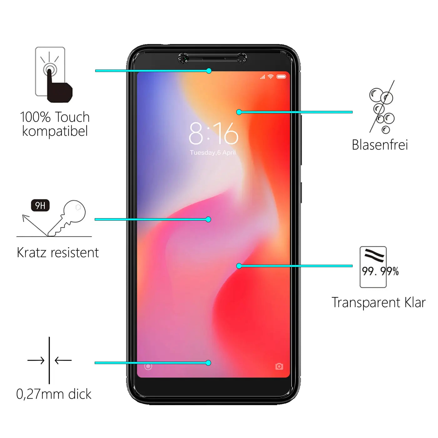 Schwarzes Xiaomi Redmi 6A Smartphone frontal mit Panzerglas Displayschutz. Eigenschaften wie kratzresistent, blasenfrei.