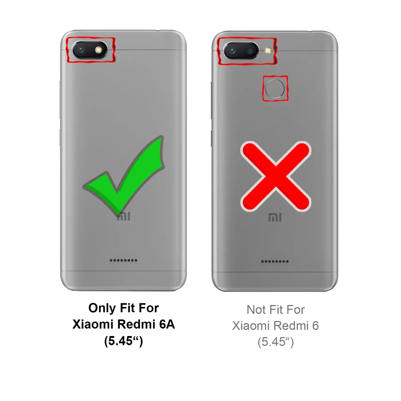 Rückseite eines grauen Xiaomi Redmi 6A mit grünem Haken (links) und eines Redmi 6 mit rotem X (rechts).