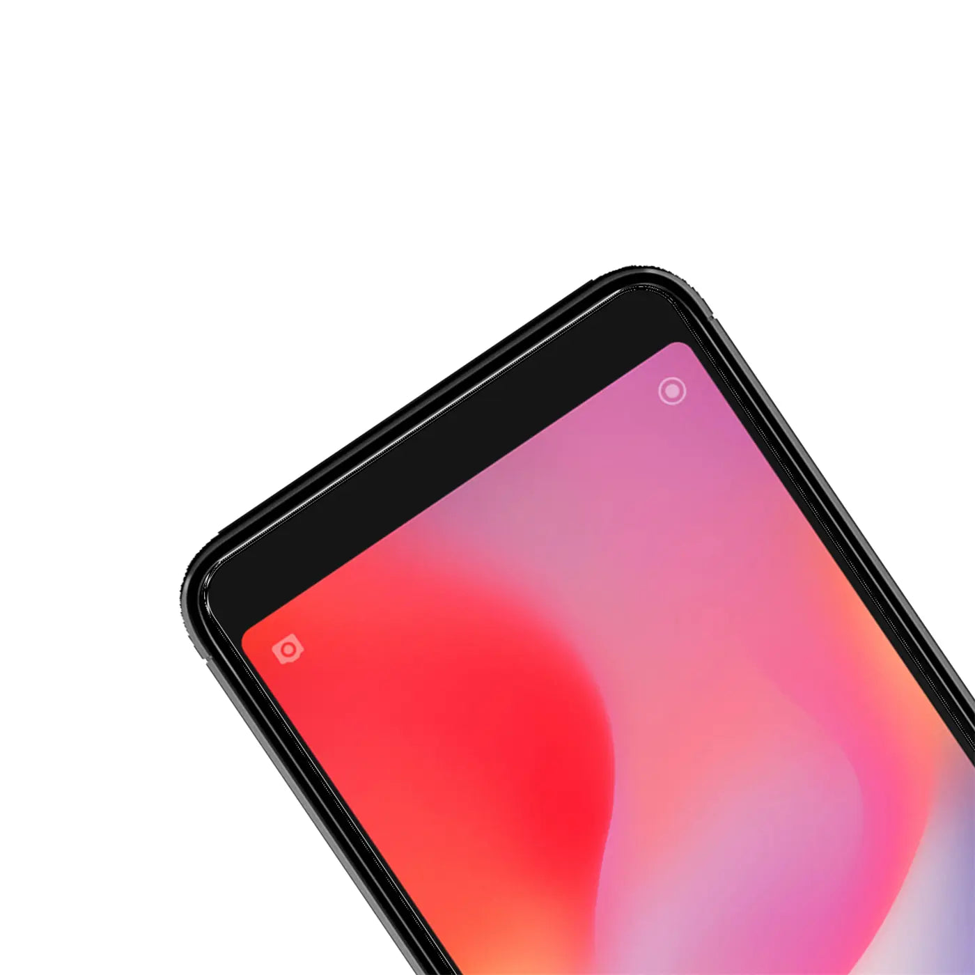 Schwarzes Xiaomi Redmi 6A Smartphone, obere linke Ecke, Display mit rotem/pinkem Hintergrund, schräg von oben.