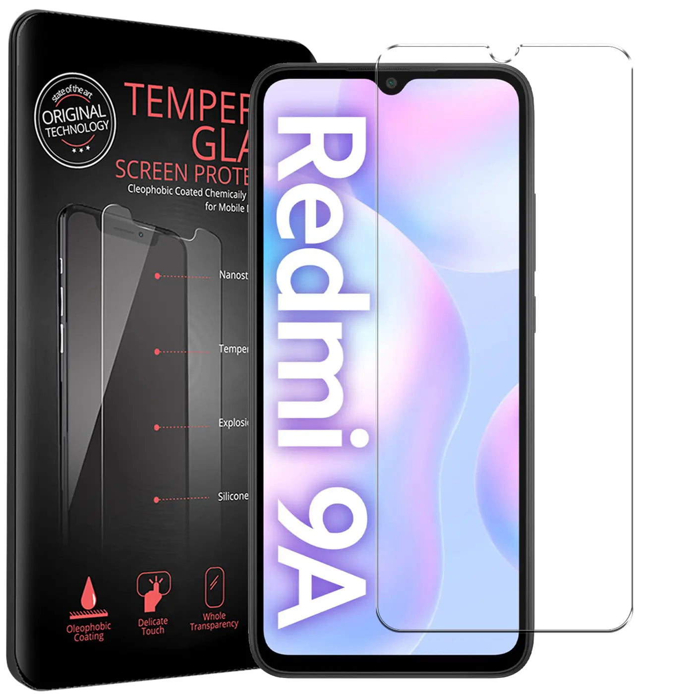 Schwarze Verpackung mit 2 transparenten Panzerglas-Displayschutzfolien für Xiaomi Redmi 9A, frontal gezeigt.