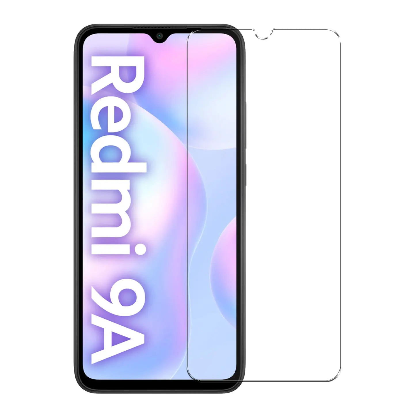 Schwarzes Xiaomi Redmi 9A Smartphone von vorne mit halb aufgelegtem, transparentem Panzerglas Displayschutz.